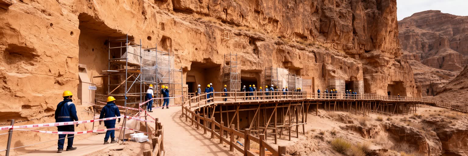 敦煌莫高窟の崖面、洞窟、保存研究、観覧動線を表す画像