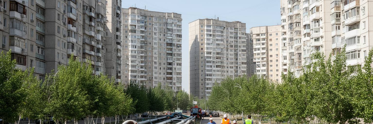ドゥシャンベの集合住宅、新築高層、街路樹、暖房管、公共サービスを表す都市景観