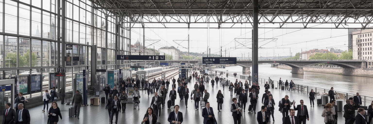 フランクフルトの鉄道、空港、金融機関、欧州都市を結ぶネットワークを表す景観