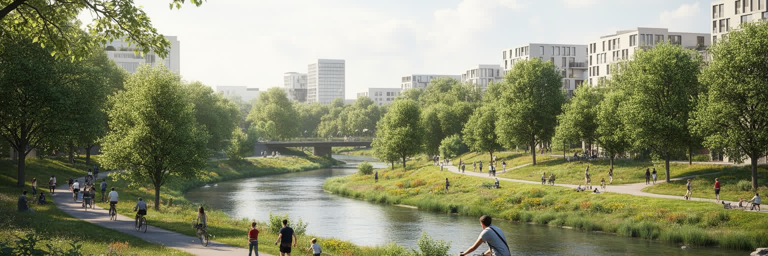 フランクフルトの緑地環、都市林、川辺、公園、自転車道を表す都市景観