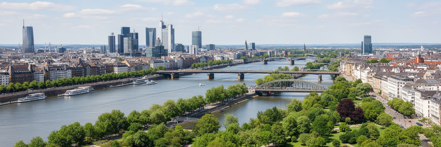 フランクフルトのマイン川、橋、高層金融街、旧市街、河岸の公共空間を表す都市景観