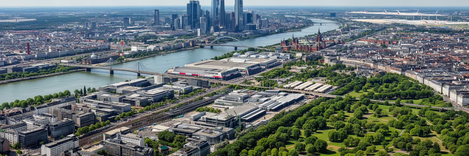 フランクフルトを総合的に読むための金融街、マイン川、空港、見本市、移民街の景観