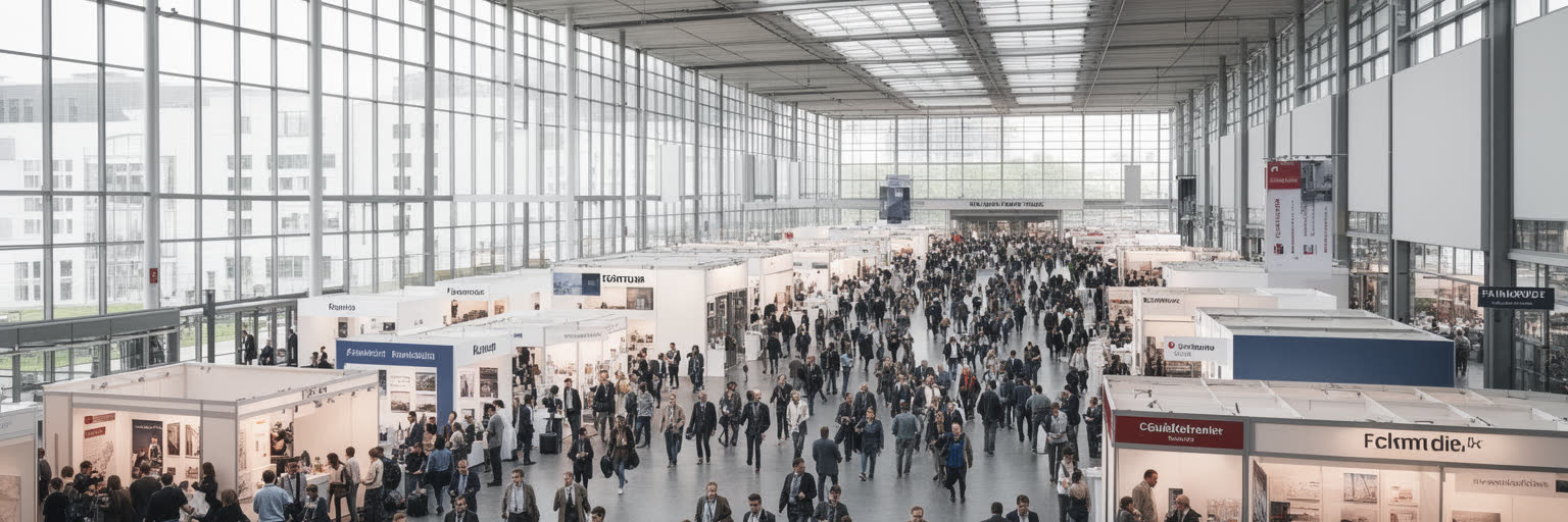 フランクフルト見本市、展示ホール、商談、鉄道駅、ホテル街を表す都市景観