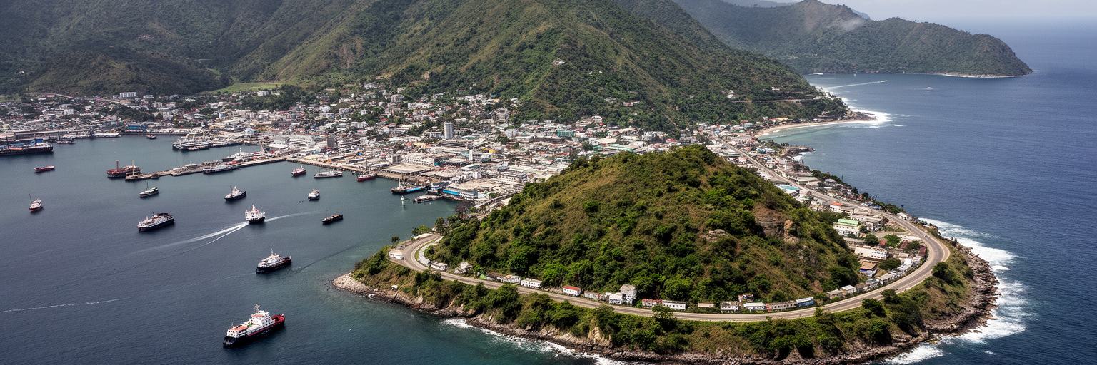 フリータウンの天然港、半島の丘、港湾地区を表す画像