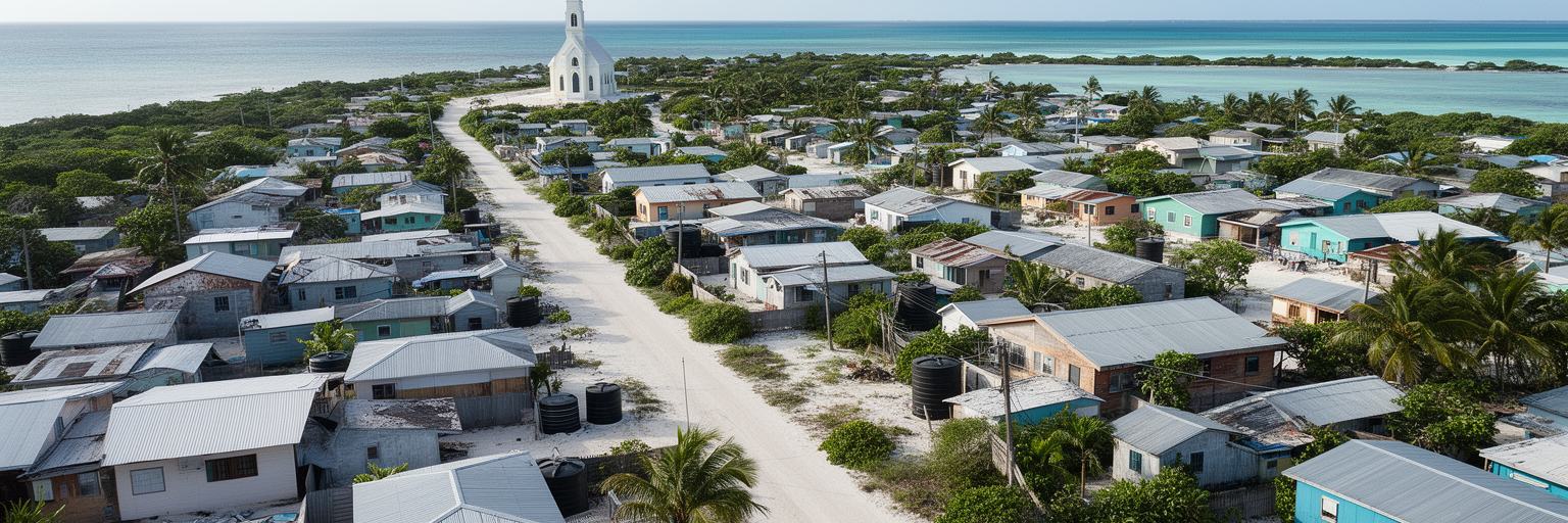 フナフティの狭い住宅地、家族の敷地、教会、路地、海辺、雨水タンクが密集する景観