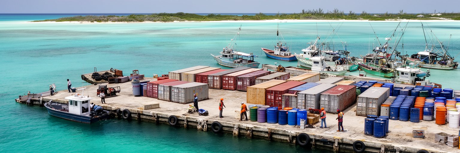 フナフティの小さな港、貨物、漁船、輸入品、燃料、ラグーンの物流が重なる景観