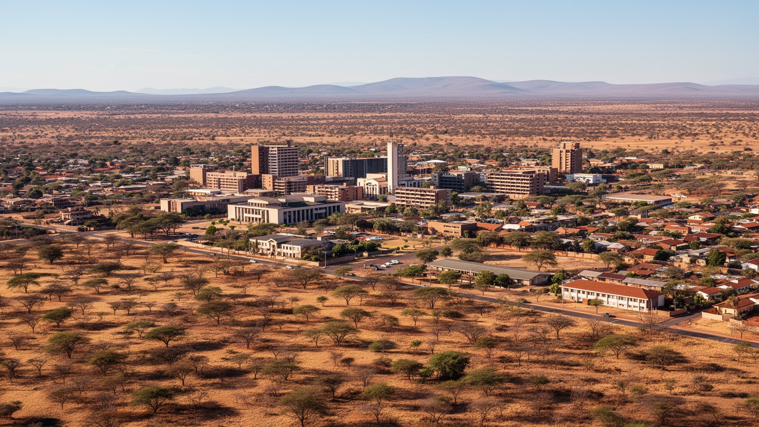ハボローネの官庁街、低い丘、郊外住宅、乾いた街路、南部アフリカの空が重なる首都景観