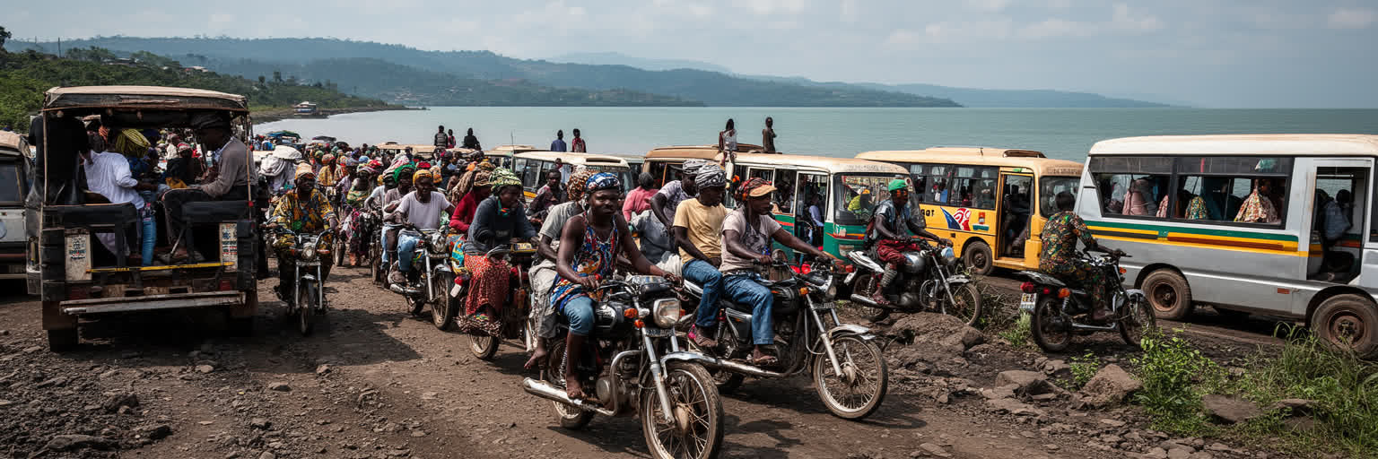 ゴマのバイクタクシー、未舗装路、国境道路、空港、湖畔交通が重なる移動景観