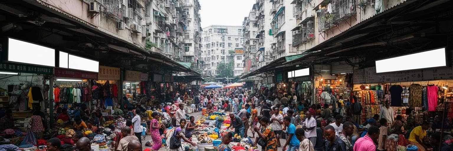 広州のアフリカ商人、卸売市場、国際商流、多文化の街路を表す都市景観