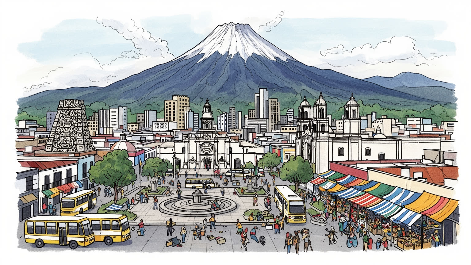 グアテマラシティの高原、火山、幹線道路、市場、教会を抽象的に表す画像