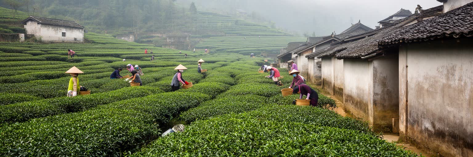 龍井茶の茶畑、丘陵、村落、都市近郊の風景を表す杭州の景観