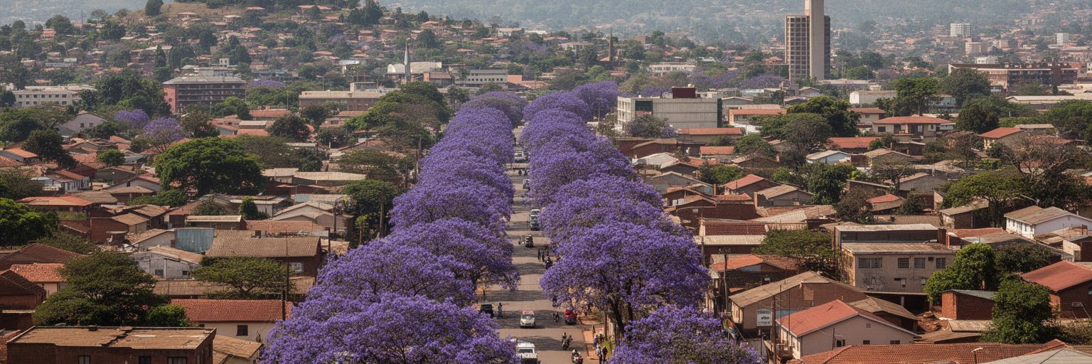 ハラレの高原地形、ジャカランダ並木、低層住宅地が重なる都市景観