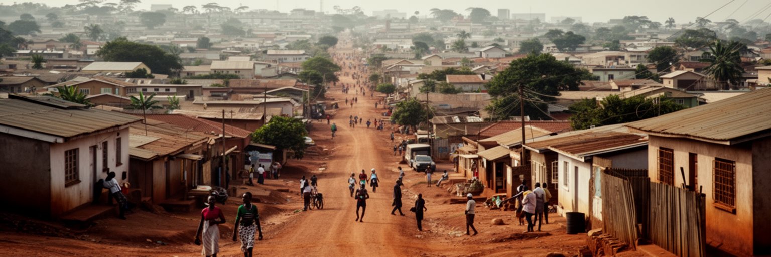 ハラレの低層住宅地、周辺宅地、未舗装道路、通勤風景を表す都市景観