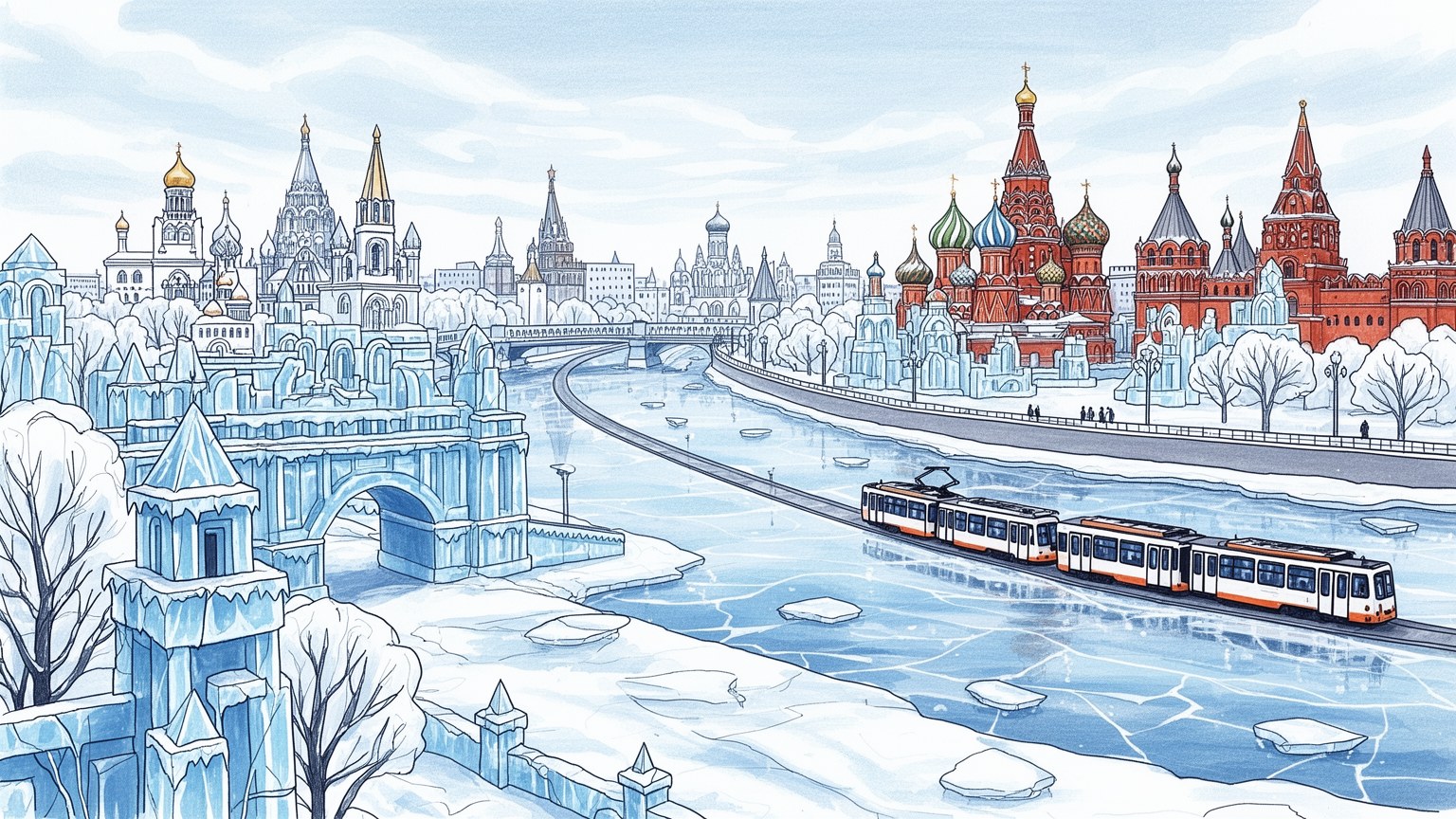 ハルビンの冬の街路とロシア建築を表す抽象的なイラスト