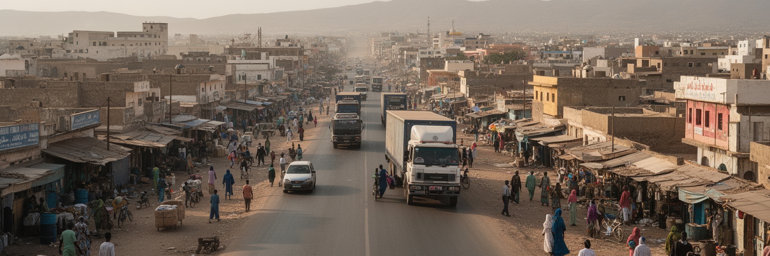 ハルゲイサからベルベラ港とエチオピア方面へ伸びる道路、貨物、物流を表す景観