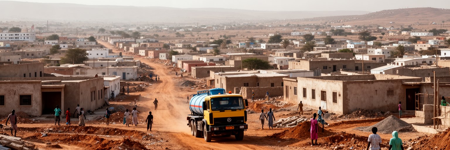 ハルゲイサの郊外住宅、未舗装道路、建設、給水車、周辺集落の広がり