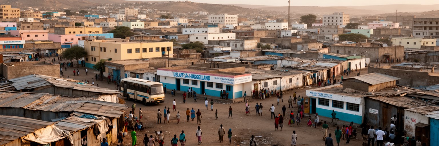 ハルゲイサの避難民居住地、支援拠点、学校、バス乗り場を表す景観
