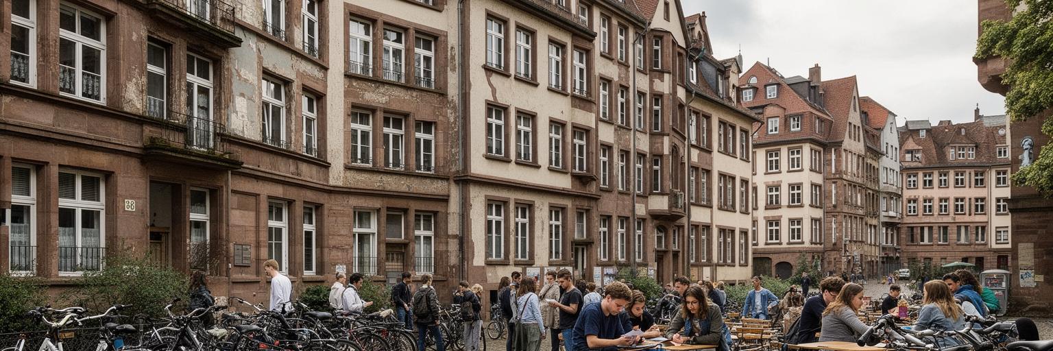 学生寮、古い集合住宅、自転車、カフェ、部屋探しをする若者がいるハイデルベルク