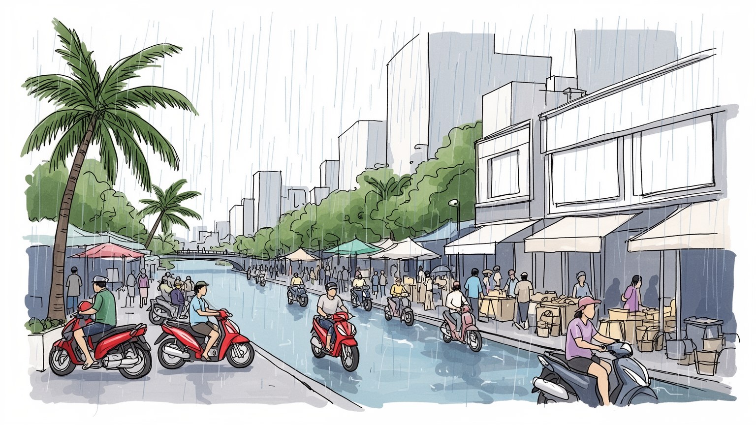 ホーチミンの街路と川辺を表す手描き風のビジュアル