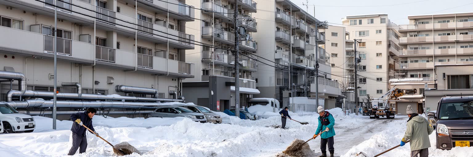 札幌の集合住宅、地下街、除雪された住宅地、暖房、冬の暮らしを表す景観
