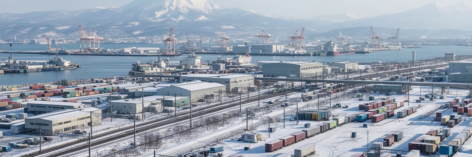 石狩湾新港、新千歳空港、食品工場、倉庫、鉄道貨物が重なる北海道の物流