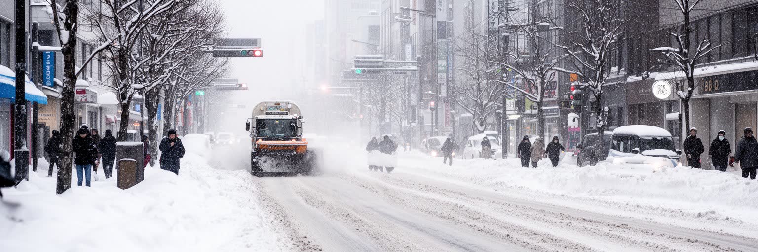 札幌の雪道、除雪、地下街、山並み、冬の交通が重なる気候景観