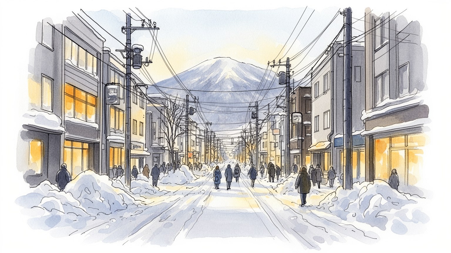 札幌の街路、雪、農地、港、鉄道、山並みを抽象的に表すビジュアル