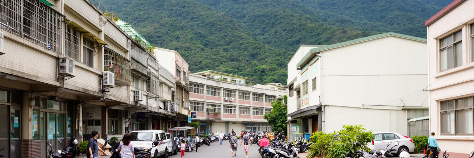 花蓮の住宅地、学校、病院、商店街、スクーターのある日常を表す画像