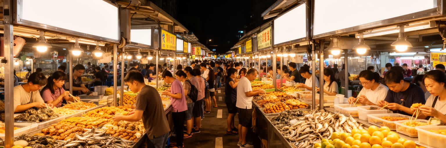 花蓮の夜市、屋台、地元料理、海風の夜を表す画像