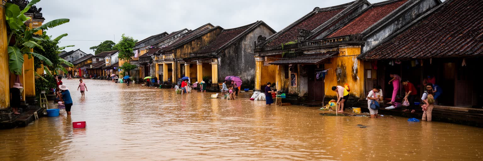 フエの住宅地、低地、雨季の洪水、橋、避難と暮らし