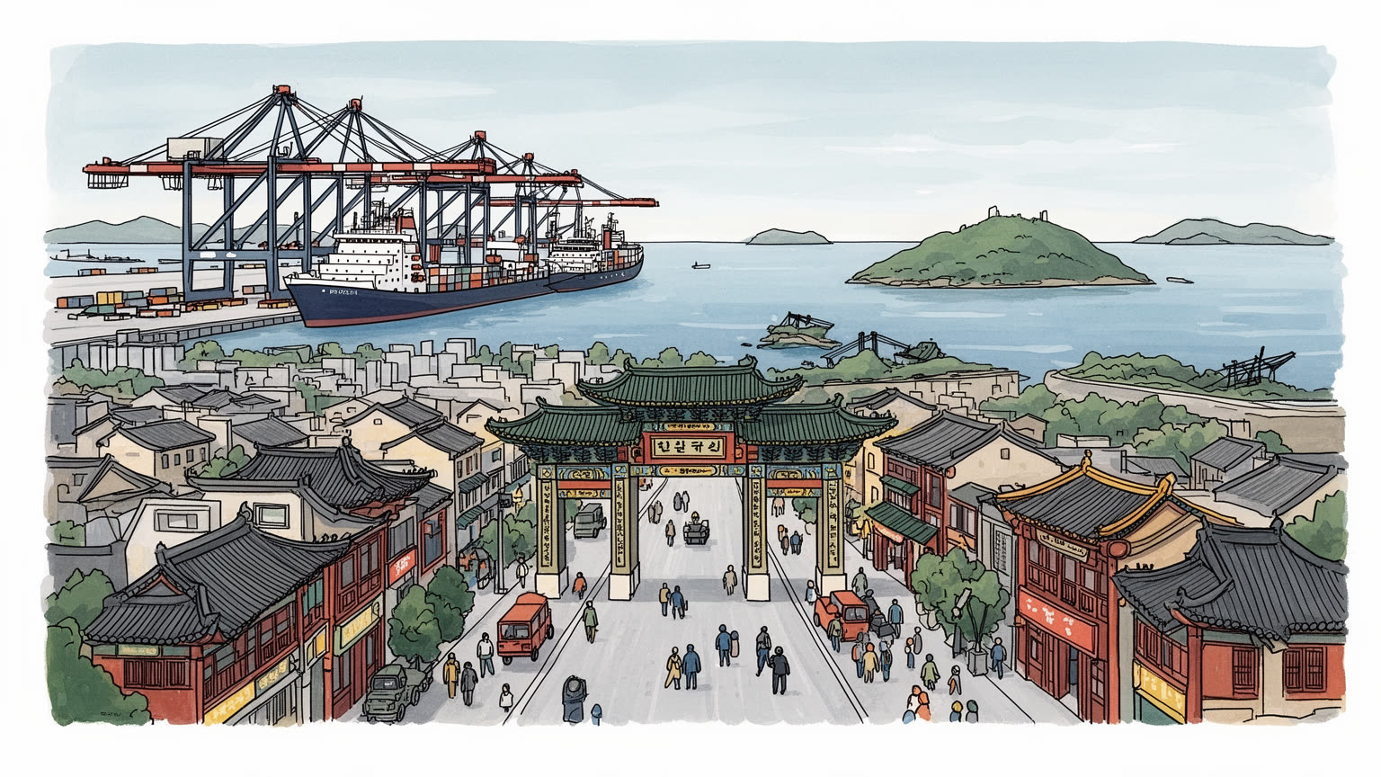 仁川の街路、港、島、生活を表すビジュアル