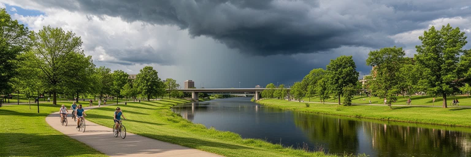 運河、緑道、公園、雨雲、冬の寒さに備えるインディアナポリスの都市環境
