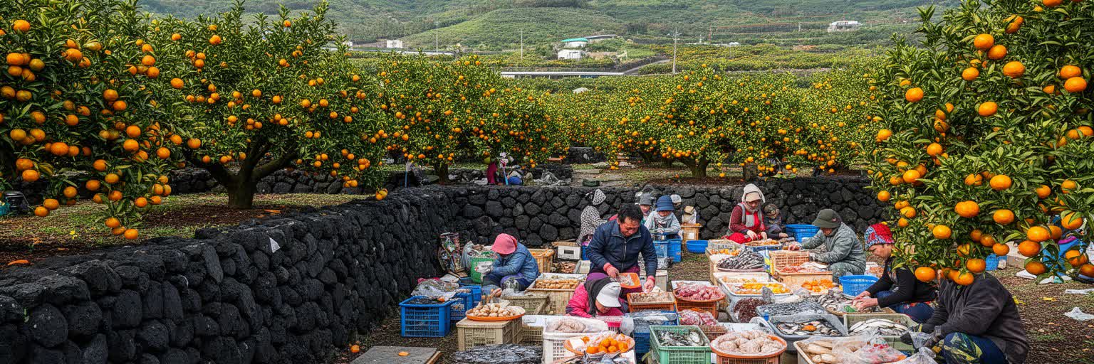済州の柑橘畑、市場、食文化を表す画像