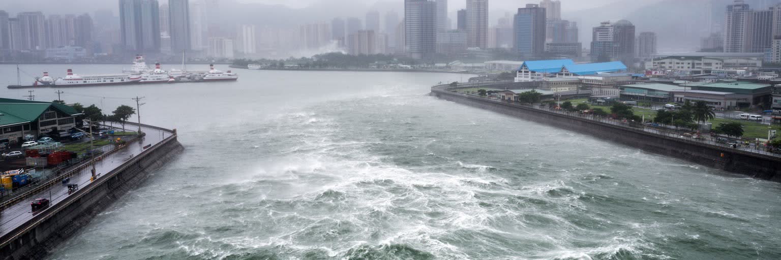 高雄の強い日差し、豪雨、台風、港湾低地、排水施設が重なる気候リスク景観