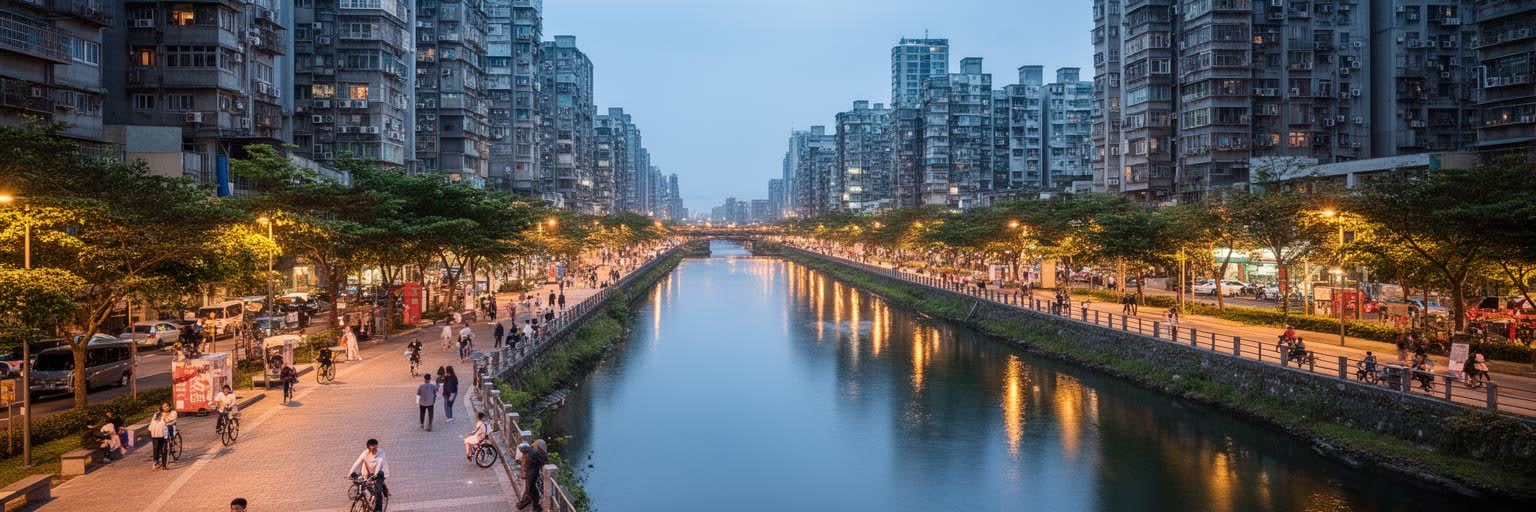 愛河の遊歩道、橋、住宅、夜の灯り、市民の散歩が重なる高雄の日常景観