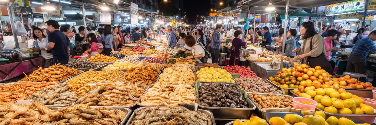 高雄の夜市、海鮮、屋台、果物、通勤帰りの人々が重なる食文化景観