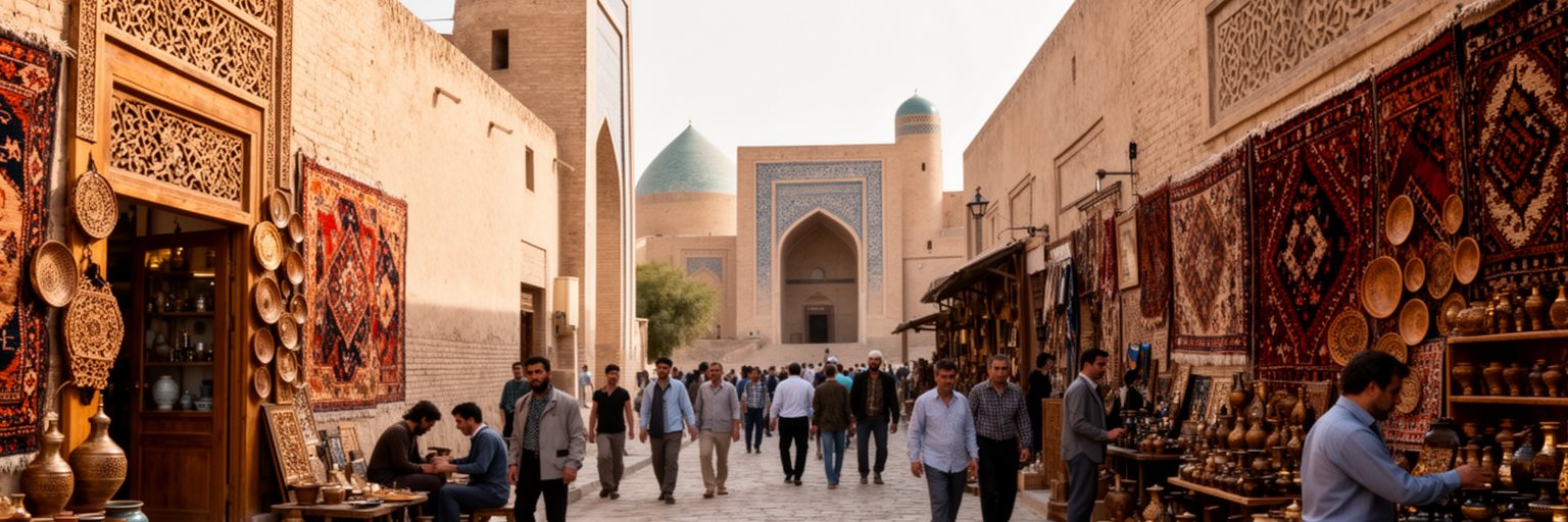 ヒヴァの木彫、絨毯、陶器、土産物店、観光客と職人が行き交う路地