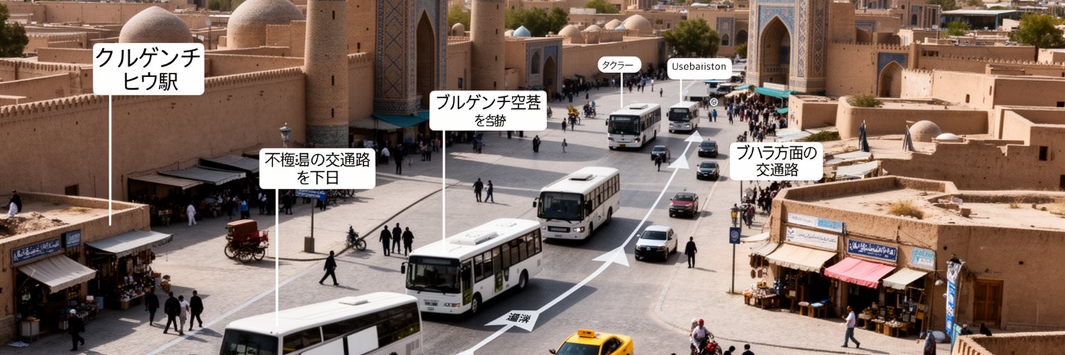 ヒヴァ駅、ウルゲンチ空港、バス、タクシー、ブハラ方面の交通路を示す景観