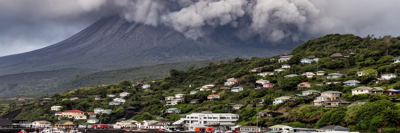 キングスタウンから見たセントビンセント島の火山地形、防災、避難を表す景観