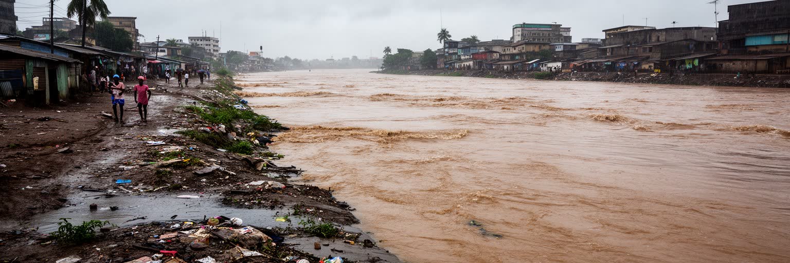 キンシャサの雨季、排水路、浸水、コンゴ川の気候リスクを表す景観
