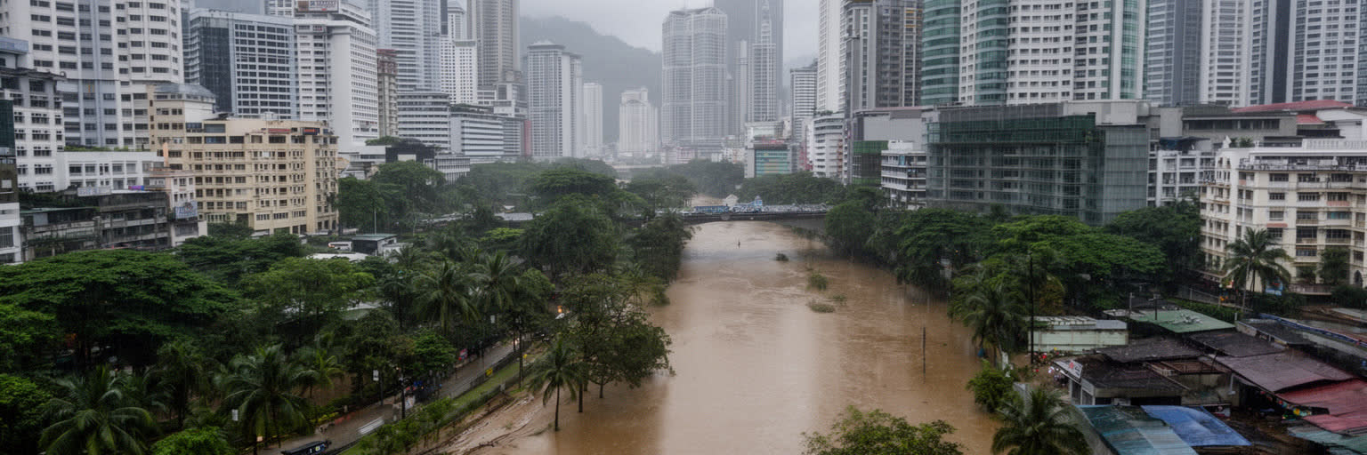 クアラルンプールの豪雨、河川、排水、地下トンネル、熱帯気候と洪水対策を表す景観