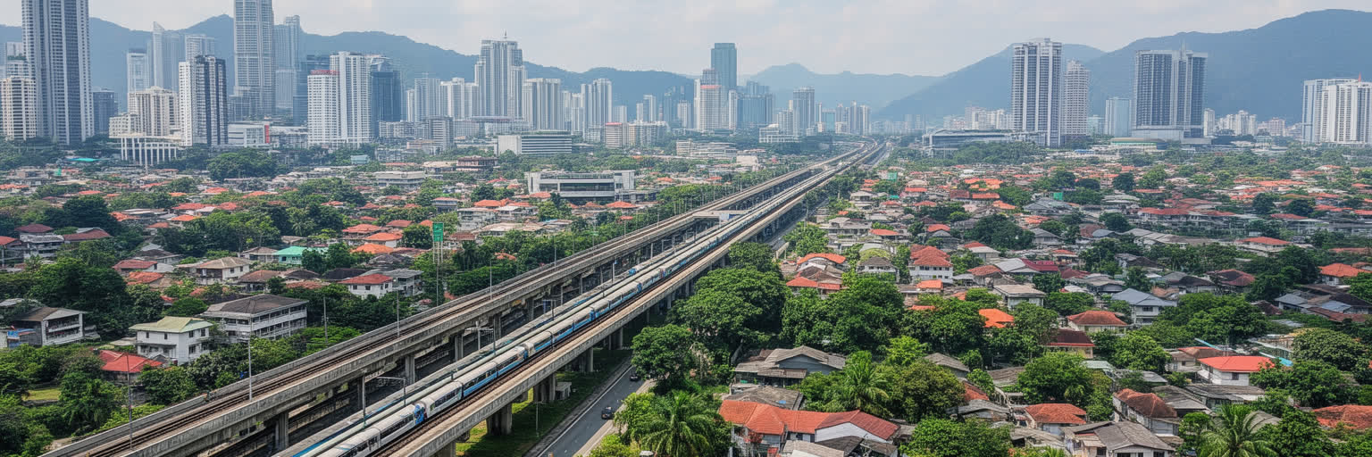クアラルンプールのLRT、MRT、高速道路、郊外住宅地、渋滞が重なる交通景観