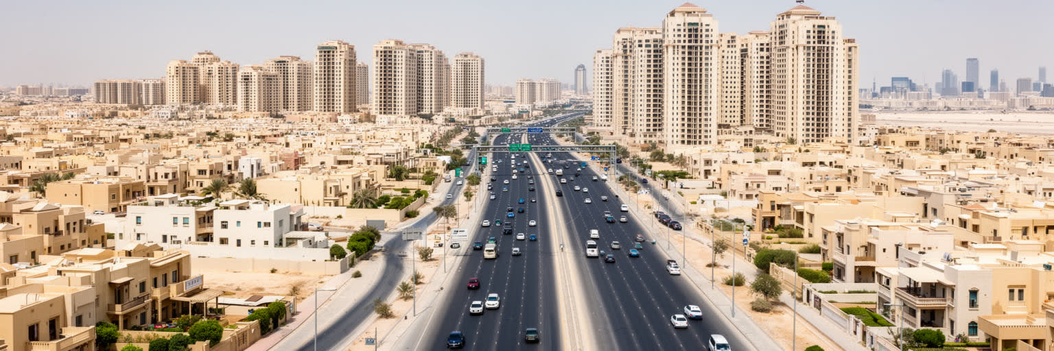 クウェート市の住宅地、幹線道路、車中心の移動を表す景観