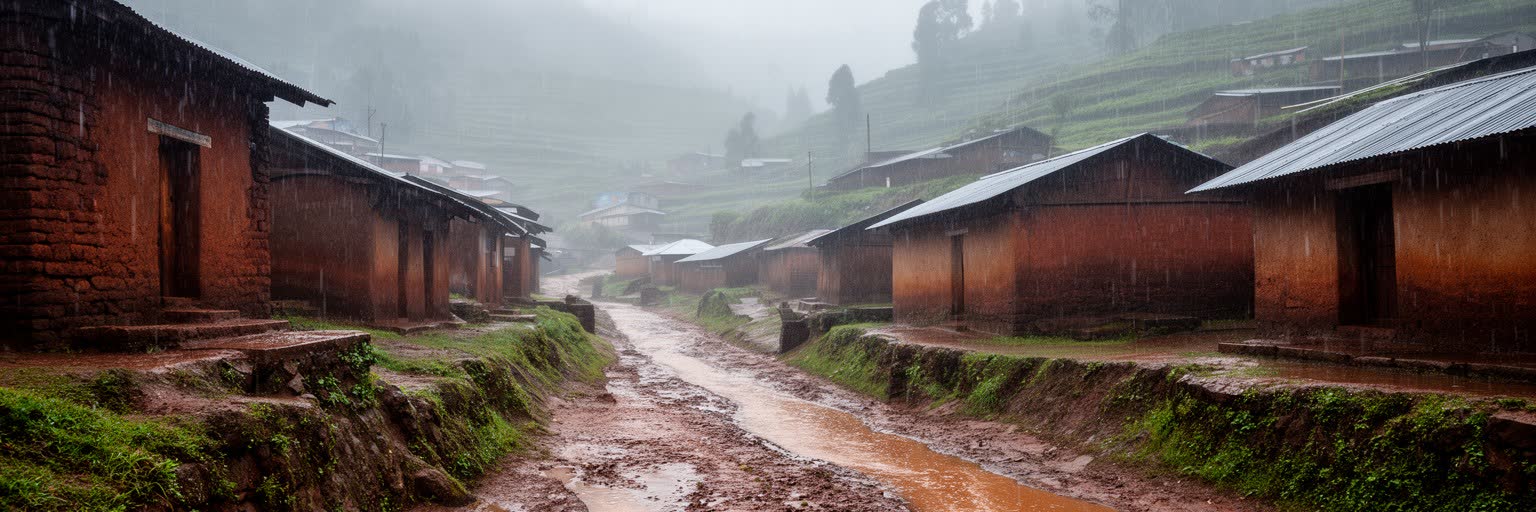 ラリベラの雨季、排水路、岩肌、霧、ぬかるむ坂道を表す景観