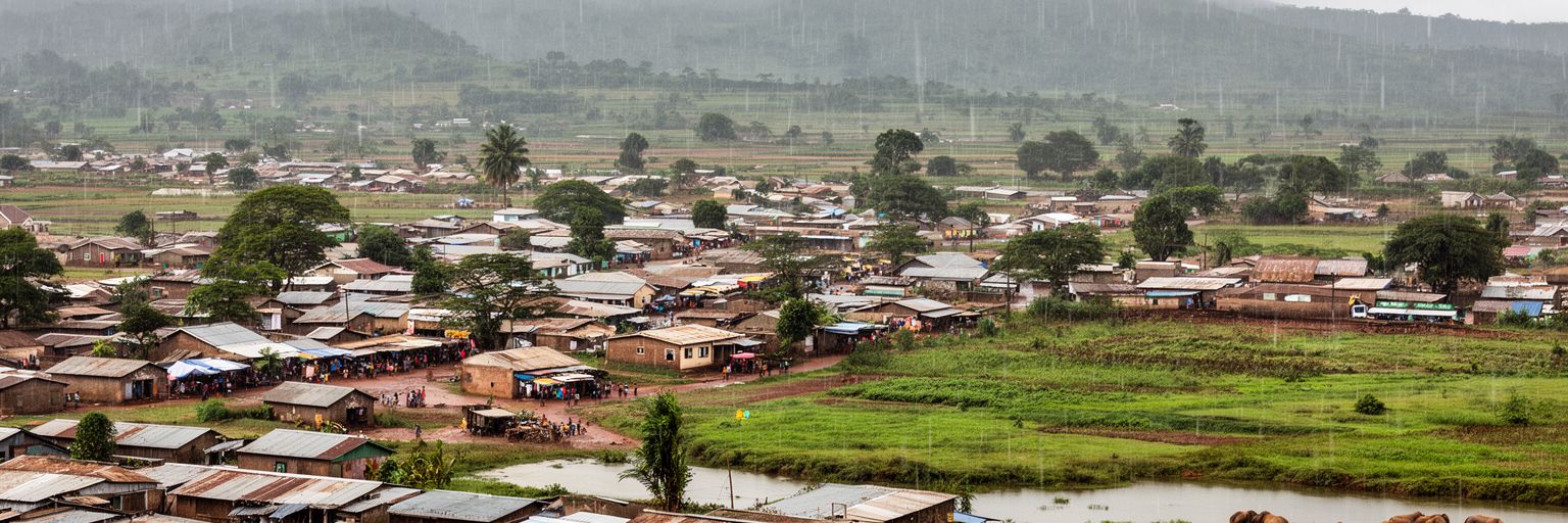 リロングウェの拡大する住宅地、未計画居住地、雨季の道路と生活を表す景観