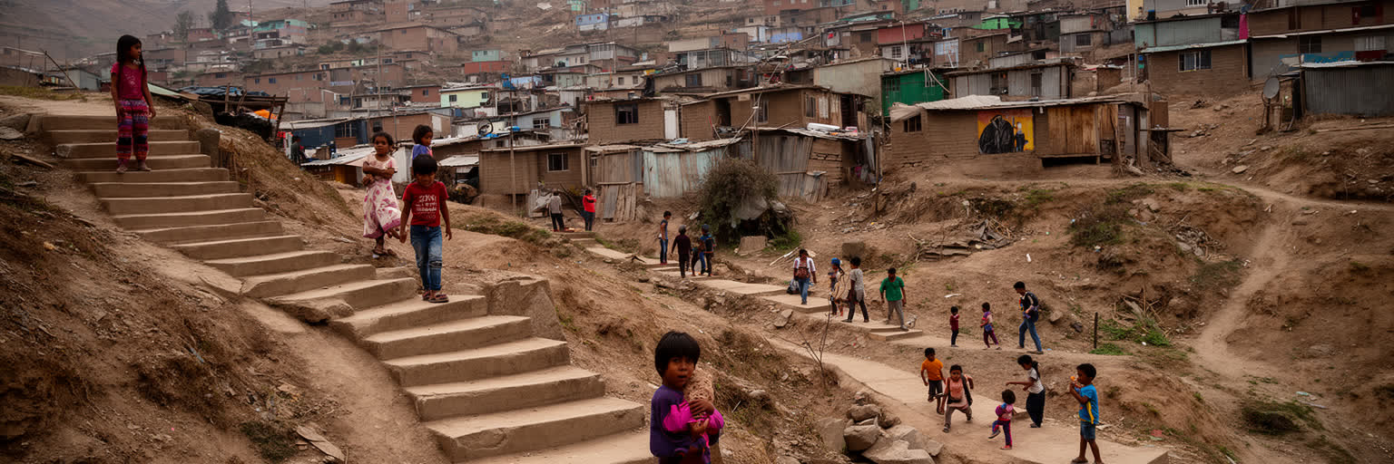 リマ周縁の丘陵住宅、未舗装道路、移住世帯、給水車、都市中心部が重なる住宅景観