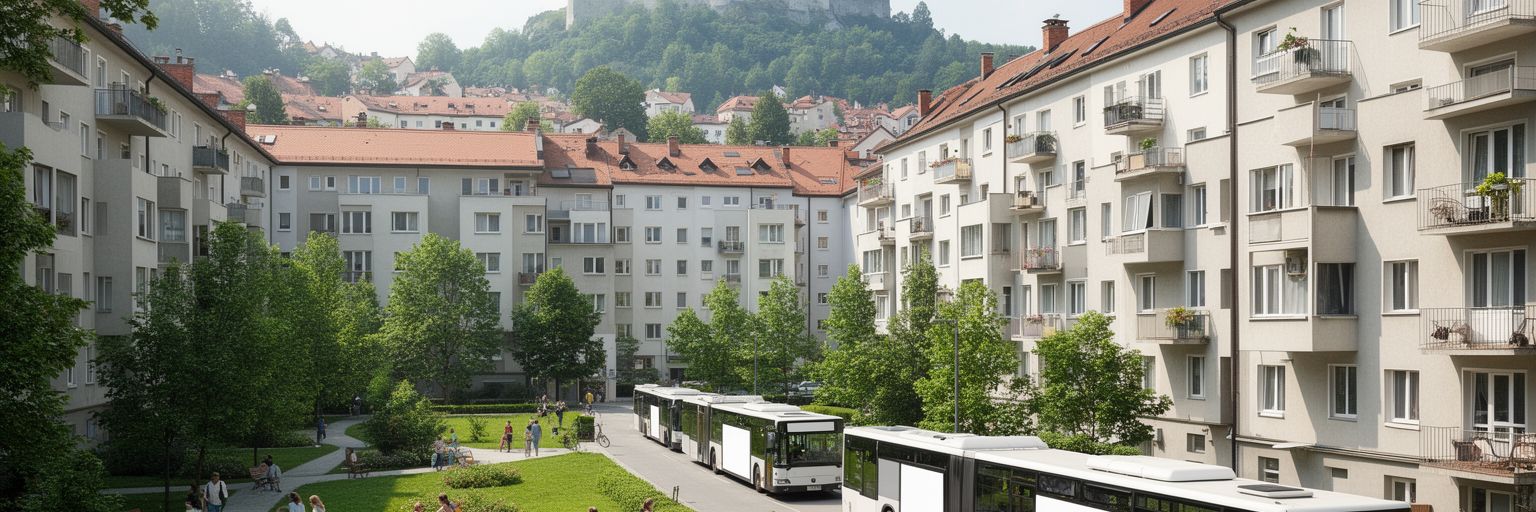 リュブリャナの集合住宅、郊外、通勤、自転車、家族の日常を表す景観