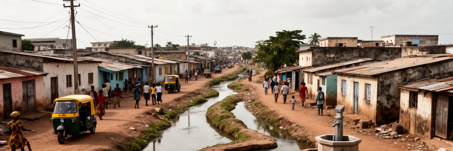 ロメの住宅地、排水路、電力、井戸、モトタクシー、周辺拡大を表す景観