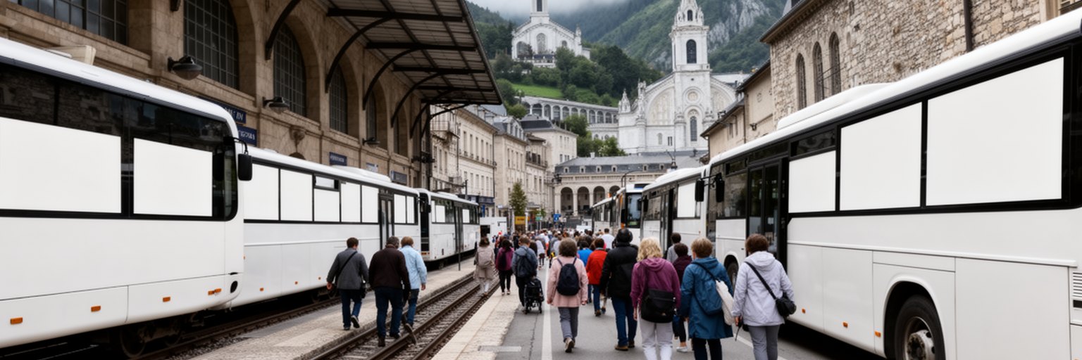 ルルド駅、巡礼団バス、歩道、聖域へ向かう到着動線を表す景観