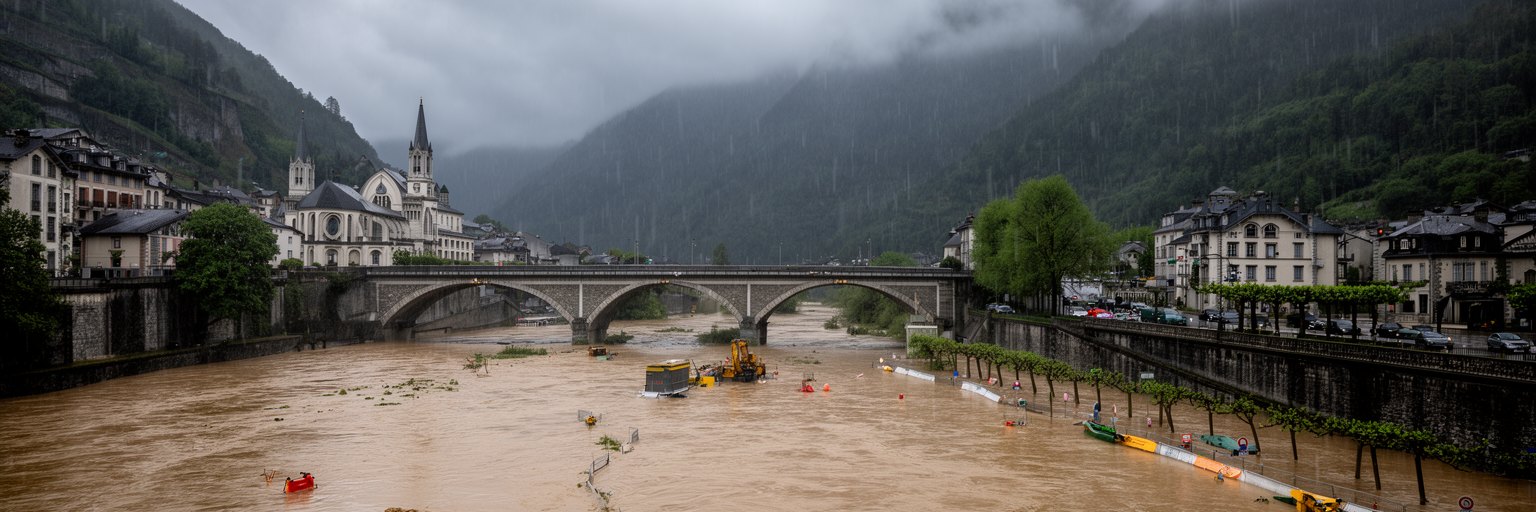 ポー川、聖域、橋、雨雲、洪水対策が見えるルルドの川沿い